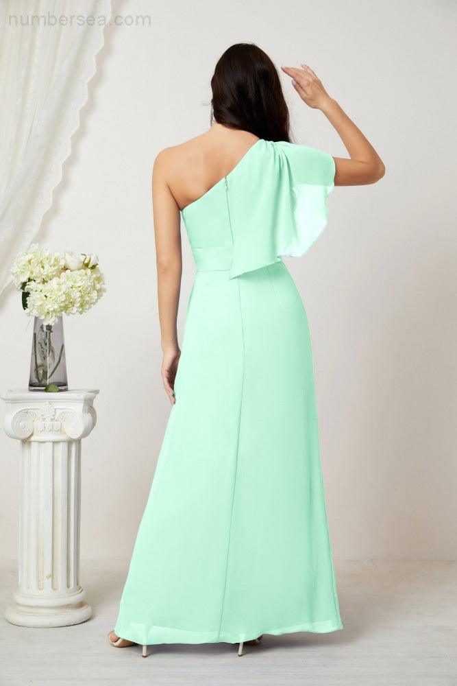 Abito da Sera Formale A-line con Spalla Singola e Balze in Chiffon, Spacco Laterale, per Damigelle, Modello 2809