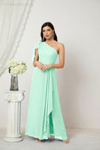 Abito da Sera Formale A-line con Spalla Singola e Balze in Chiffon, Spacco Laterale, per Damigelle, Modello 2809