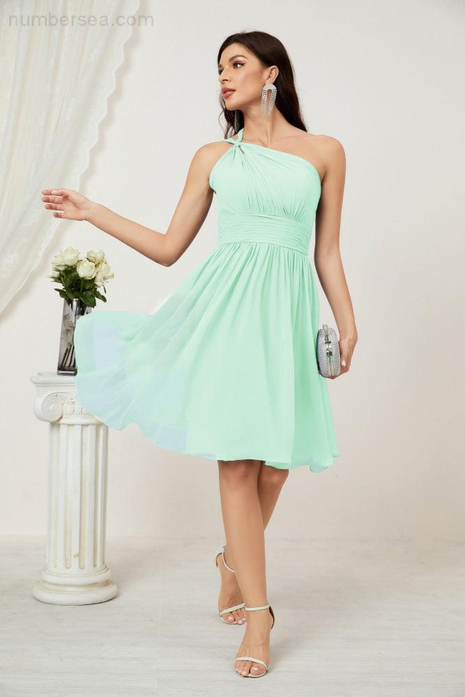 Numbersea Damen Chiffon Kurzes Ein-Schulter Brautjungfernkleid Festliche Kleider für Feier Heimkehr 2804