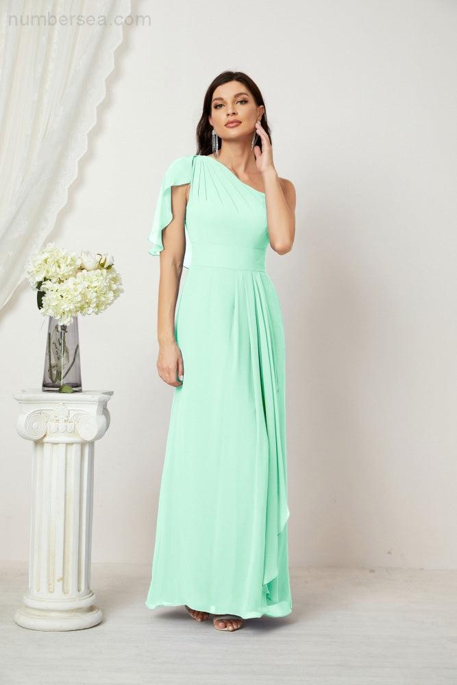 Abito da Sera Formale A-line con Spalla Singola e Balze in Chiffon, Spacco Laterale, per Damigelle, Modello 2809