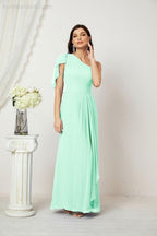 Abito da Sera Formale A-line con Spalla Singola e Balze in Chiffon, Spacco Laterale, per Damigelle, Modello 2809