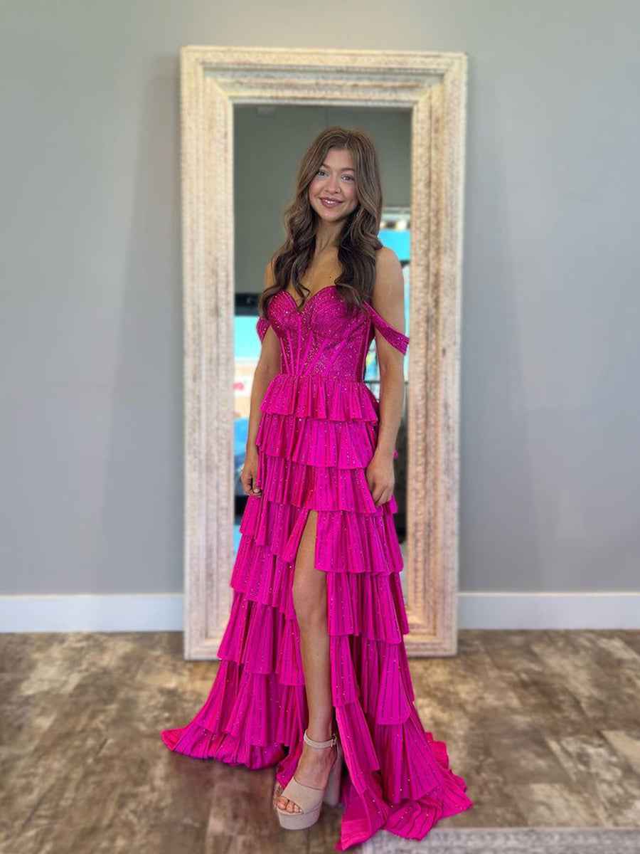 Hot Pink Off Shoulder Tiered Beaded Prom Ball Gown With Slit