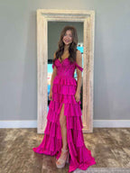 Hot Pink Off Shoulder Tiered Beaded Prom Ball Gown With Slit