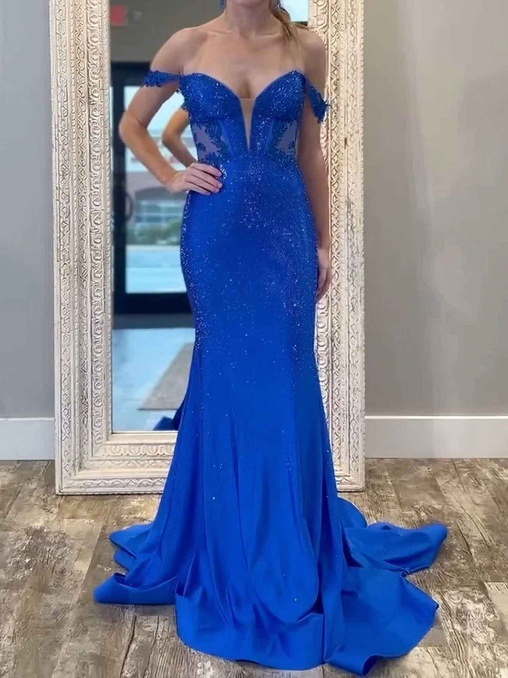 Royal Blue Off The Shoulder Mermaid Prom Gown For Women