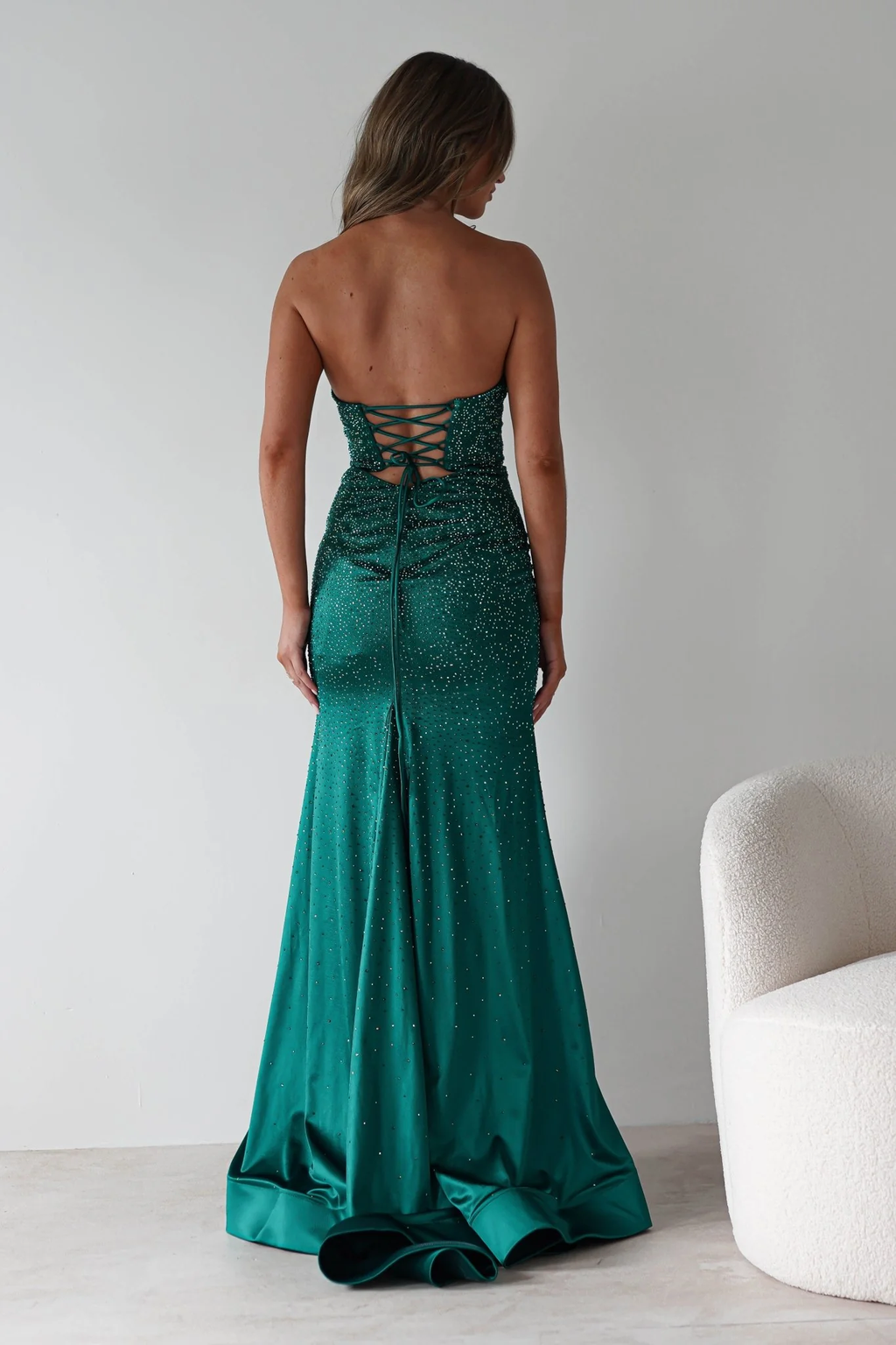Vestido de Noite Sereia Sem Alças com Brilhos de Pedras | Vestido de Baile com Decote Coração e Fenda