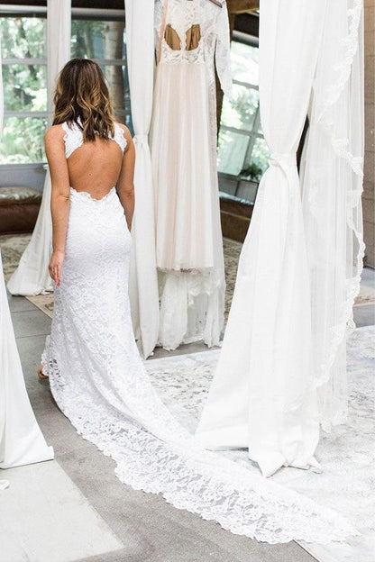 Sheath High Neck Sweep Train Open Back Lace Wedding Dress with Split