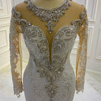 Long Sleeves Pearl Sequins Bateau Mermaid Wedding Dress With Lace Appliques