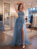 Blue A Line One Shoulder Long Corset Prom Dress With Slit
