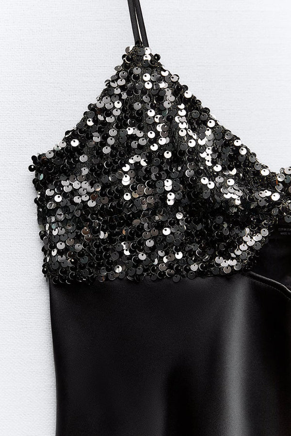 Party on My Mind Sequin Satin Patchwork Slip Stretch Midi Dress