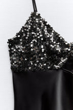 Party on My Mind Sequin Satin Patchwork Slip Stretch Midi Dress