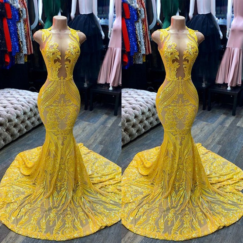 Vestido de Festa Amarelo Longo com Decote em V, Sem Mangas, com Lantejoulas, Renda e Corte Sereia