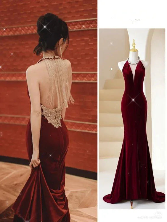 Abito lungo da sera color bordeaux sirena elegante con nappina sul retro Y383