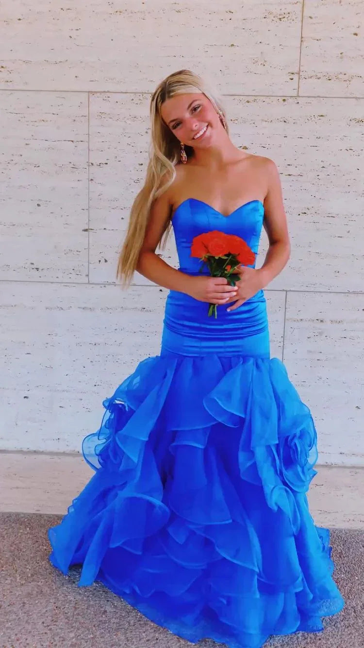 Vestido longo de baile de finalistas azul real com fundo de tule acetinado, vestido de noite sereia Y349