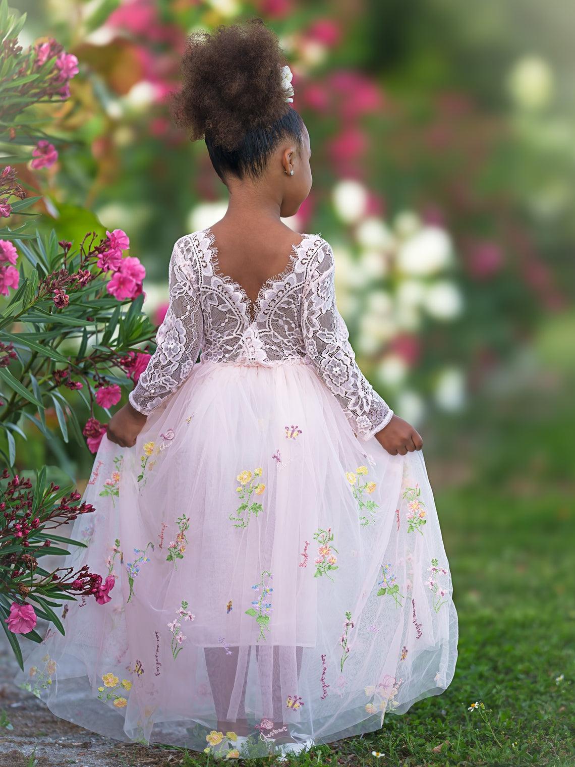 White Floral Lace Tulle Flower Girl Dress A Line Long Sleeve Floor Length