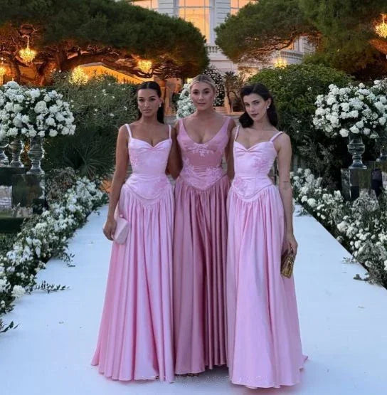 Vestido Longo de Cetim Rosa Elegante em Linha A com Alças Finas para Festa Y7820