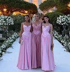 Vestido Longo de Cetim Rosa Elegante em Linha A com Alças Finas para Festa Y7820