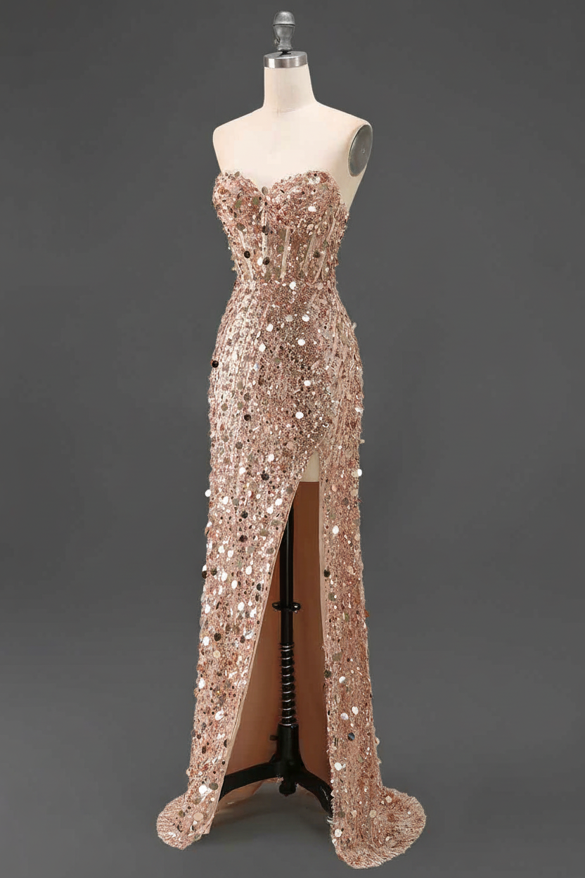 Sparkly Gold Fully Beaded Prom Dress With Deep V Neck Slit And Open Back