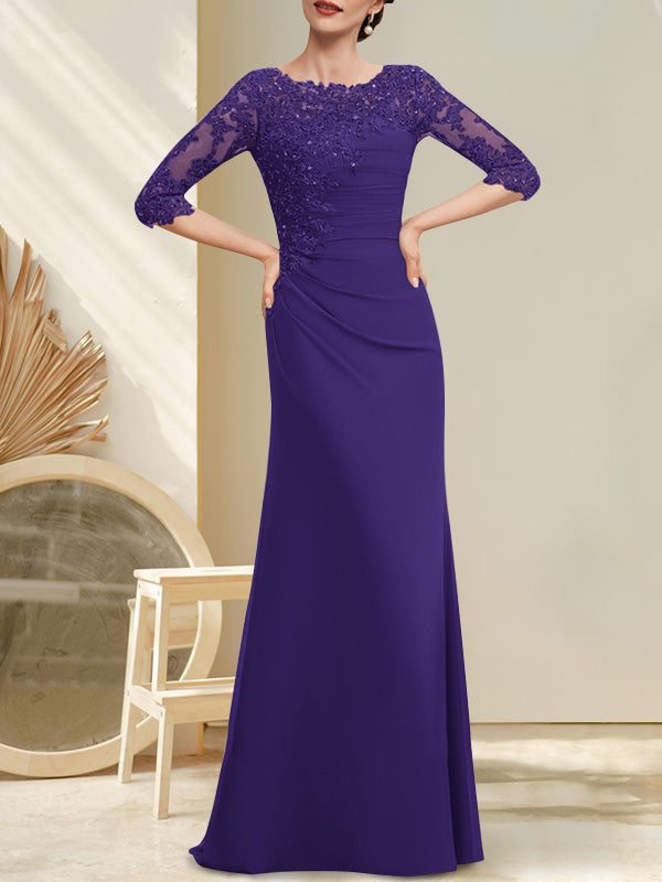 Robe de mère de la mariée en mousseline et dentelle, longueur au sol, en ligne A, décolleté en U, ornée de perles et de paillettes plissées