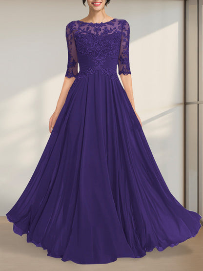 A-Linie, U-Ausschnitt, Illusion, bodenlanges Chiffon-Spitzenkleid für die Brautmutter mit plissierten Pailletten