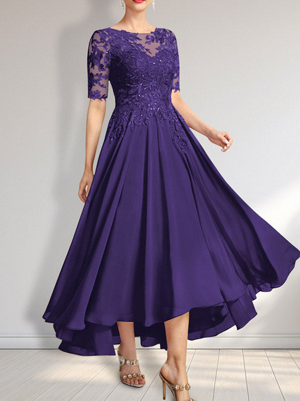 Robe de mère de la mariée en mousseline et dentelle asymétrique illusion à encolure dégagée, coupe en A, ornée de paillettes