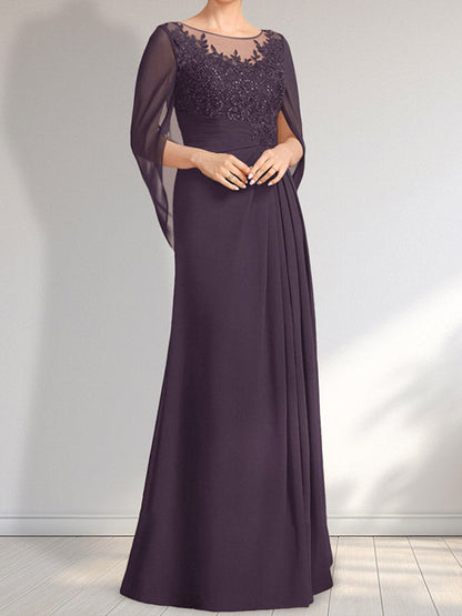 A-Linie, U-Ausschnitt, Illusion, bodenlanges Chiffon-Kleid für die Brautmutter mit plissierten Pailletten