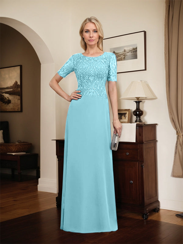 Robe de mère de la mariée en dentelle et mousseline, longueur au sol, en ligne A, décolleté en U, ornée de paillettes