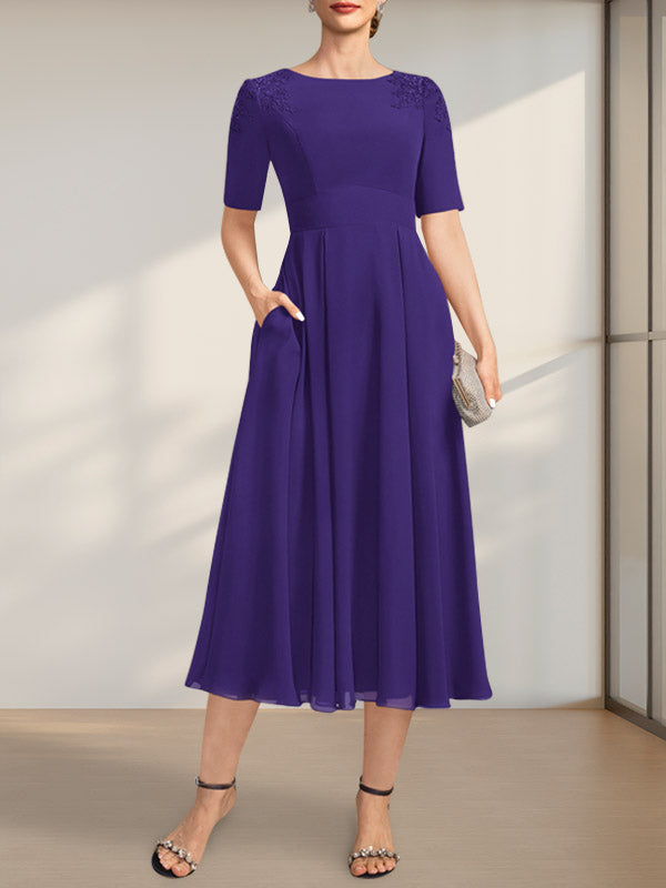 A-Linie U-Ausschnitt Wadenlang Chiffon Kleid für die Brautmutter mit Applikationen Spitze Pailletten