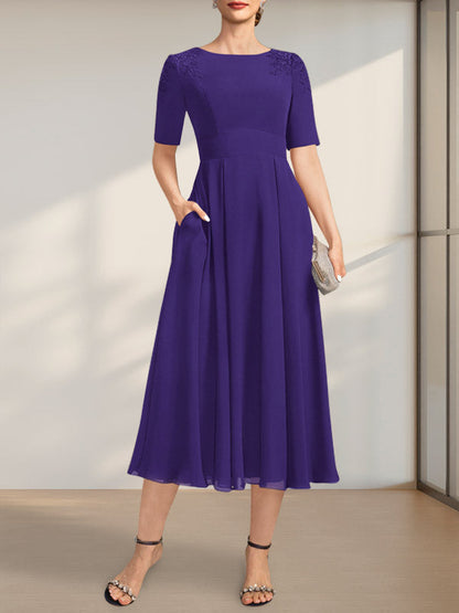 A-Linie U-Ausschnitt Wadenlang Chiffon Kleid für die Brautmutter mit Applikationen Spitze Pailletten