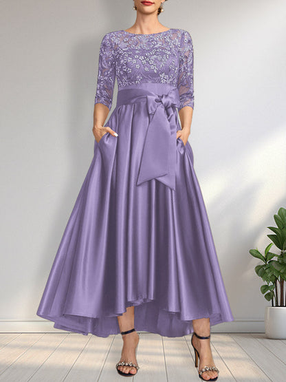 A-Linie U-Ausschnitt Illusion Asymmetrisch Satin Spitze Mutter der Braut Kleid mit Schleife
