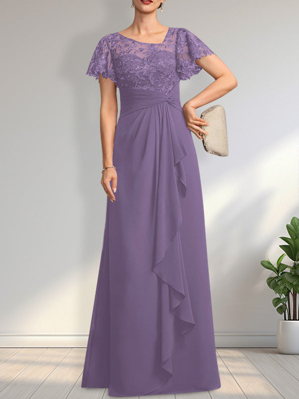 Robe de mère de la mariée en dentelle et mousseline, longueur au sol, illusion asymétrique en ligne A, avec volants en cascade et paillettes