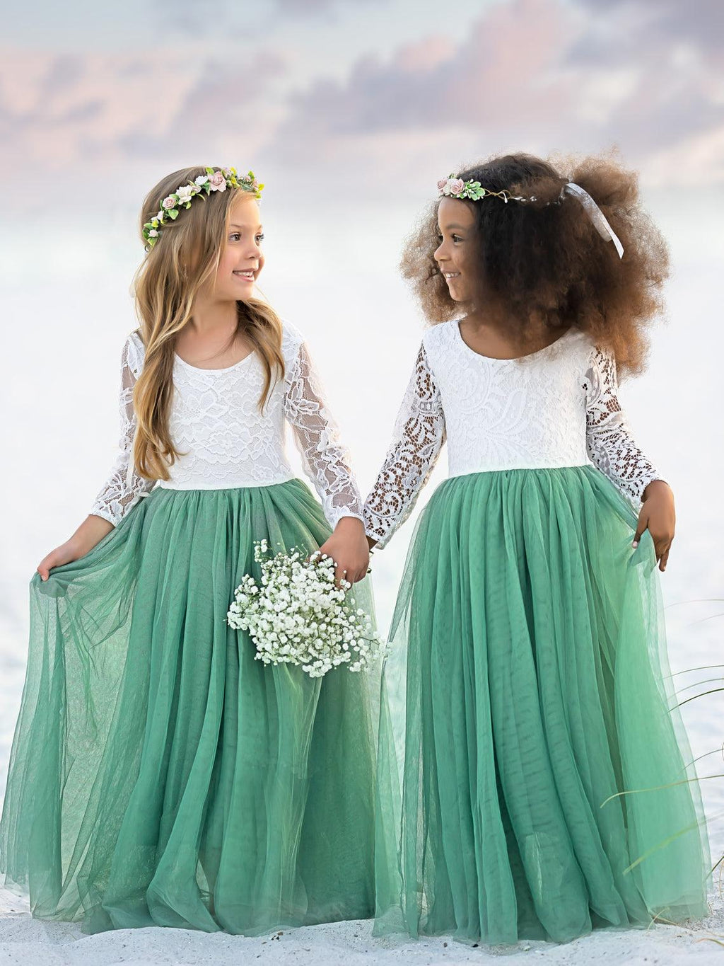 Ivory Peony Lace Long Sleeve A Line Tulle Tutu Flower Girl Party Dress