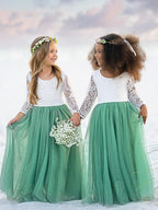 Ivory Peony Lace Long Sleeve A Line Tulle Tutu Flower Girl Party Dress