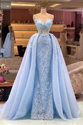 Sky Blue Mermaid Lace Prom Dress With Sleeveless Overskirt Long