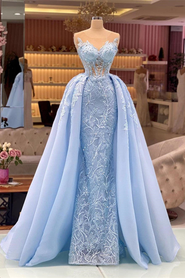 Sky Blue Mermaid Lace Prom Dress With Sleeveless Overskirt Long