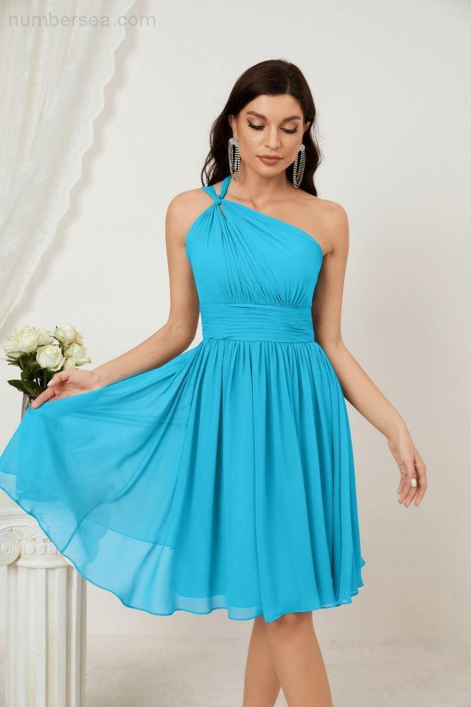 Numbersea Damen Chiffon Kurzes Ein-Schulter Brautjungfernkleid Festliche Kleider für Feier Heimkehr 2804