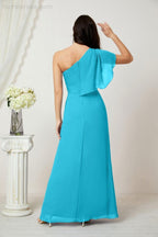 Abito da Sera Formale A-line con Spalla Singola e Balze in Chiffon, Spacco Laterale, per Damigelle, Modello 2809
