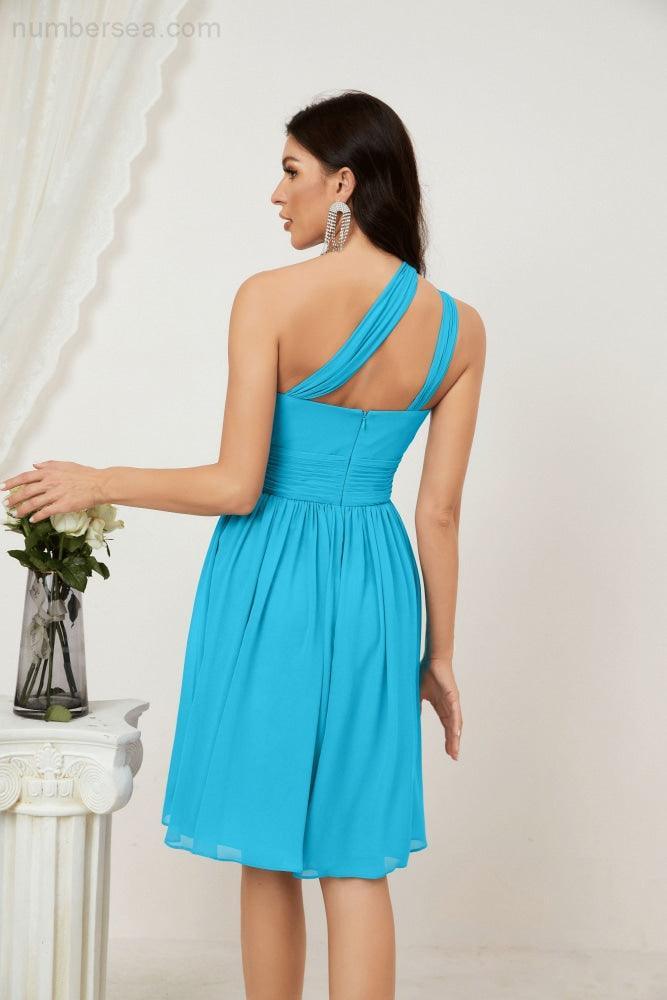 Numbersea Damen Chiffon Kurzes Ein-Schulter Brautjungfernkleid Festliche Kleider für Feier Heimkehr 2804