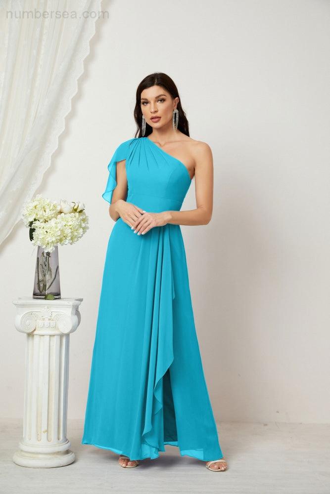 Abito da Sera Formale A-line con Spalla Singola e Balze in Chiffon, Spacco Laterale, per Damigelle, Modello 2809