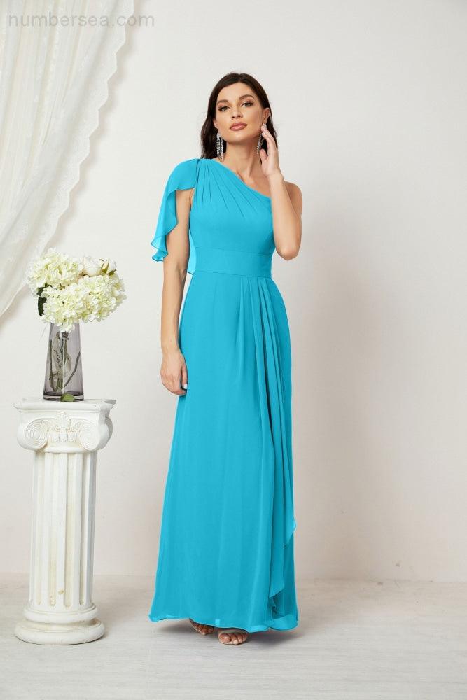 Abito da Sera Formale A-line con Spalla Singola e Balze in Chiffon, Spacco Laterale, per Damigelle, Modello 2809