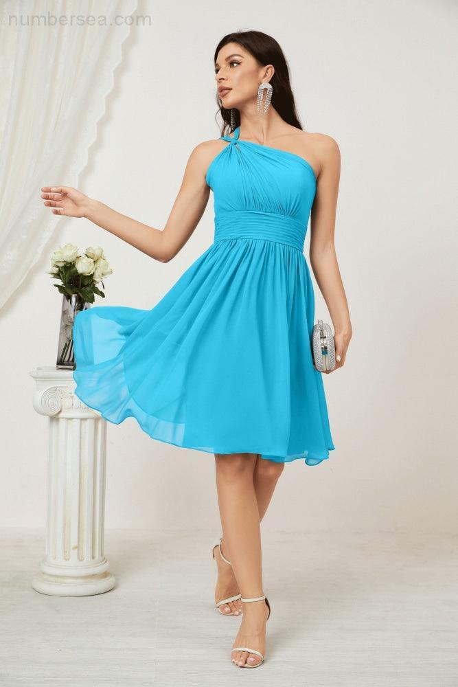 Numbersea Damen Chiffon Kurzes Ein-Schulter Brautjungfernkleid Festliche Kleider für Feier Heimkehr 2804