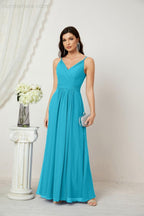 فستان وصيفة العروس من شيفون برقبة على شكل حرف V، بحمالات رفيعة، طويل، رسمي، للحفلات والسهرة مع فتحة جانبية 28010