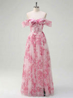 Pink Floral Off The Shoulder Corset A Line Long Prom Dress