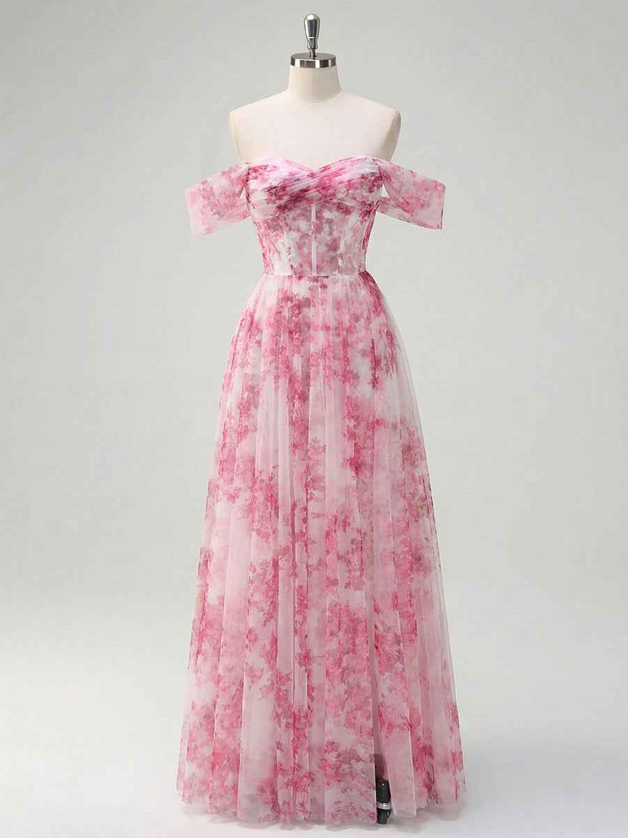 Pink Floral Off The Shoulder Corset A Line Long Prom Dress