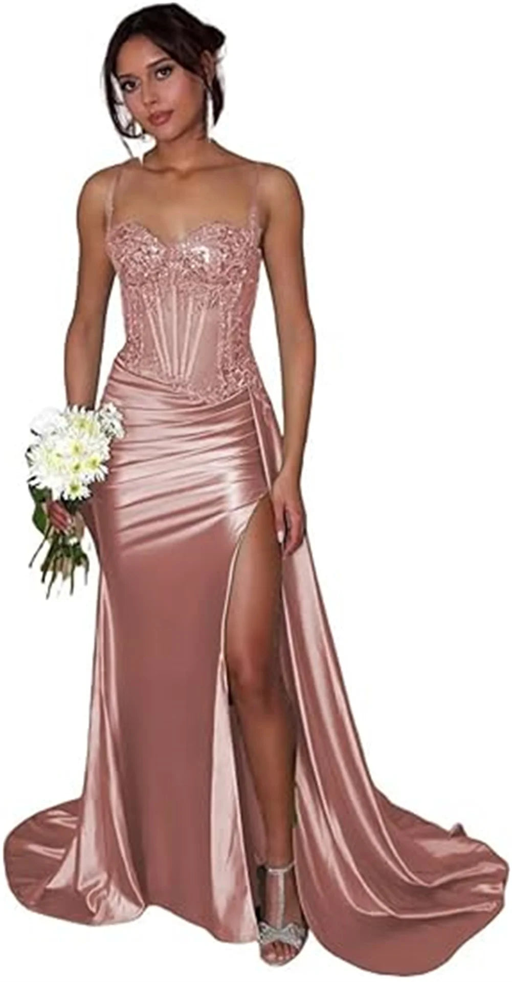 Vestido de Baile Verde-Sálvia Cetim Sereia | Vestido de Noite com Corpete de Renda e Contas, com Fenda