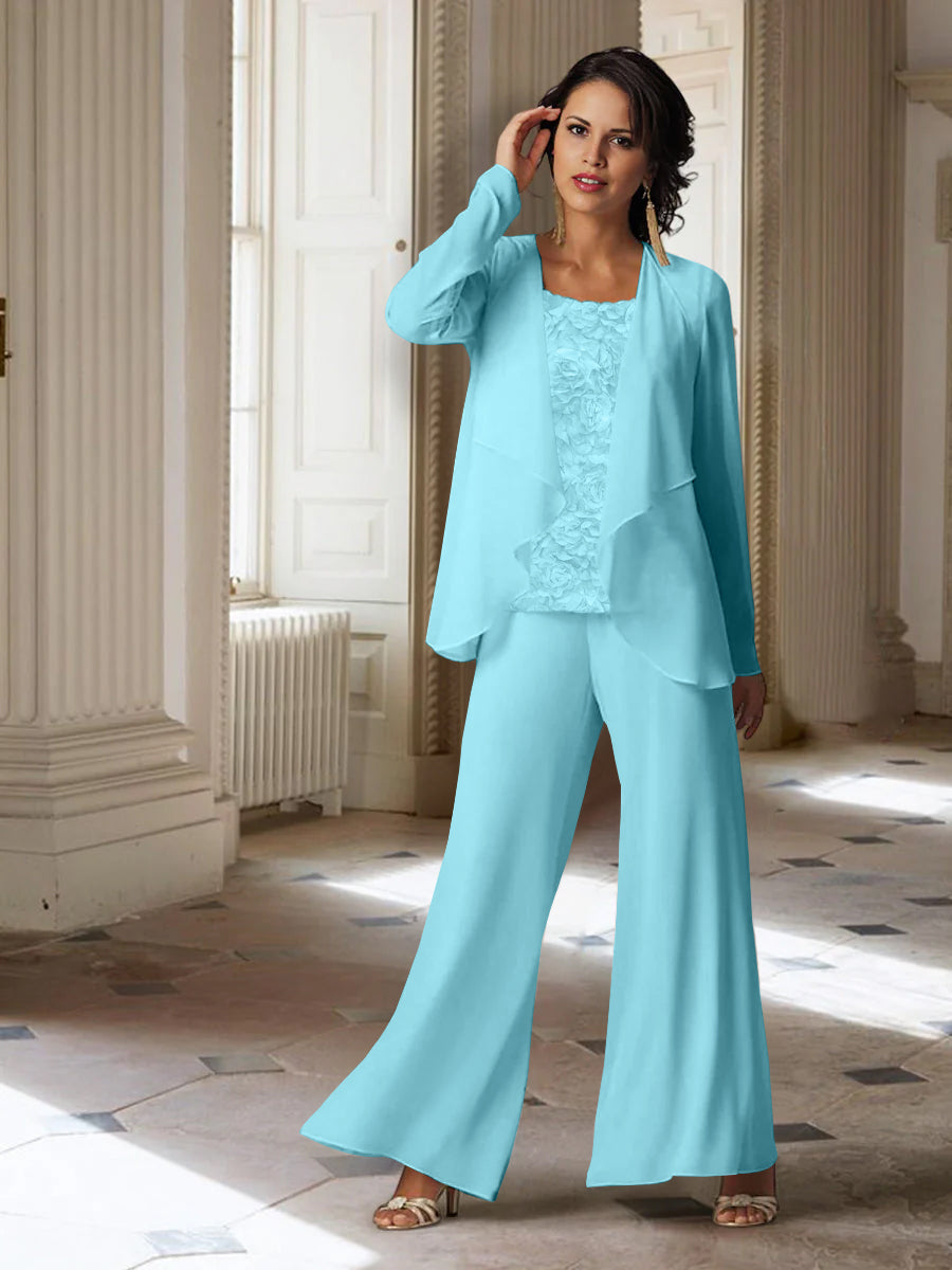 Long-Sleeve Chiffon Pantsuit with Jacket for the Mother of the Bride
