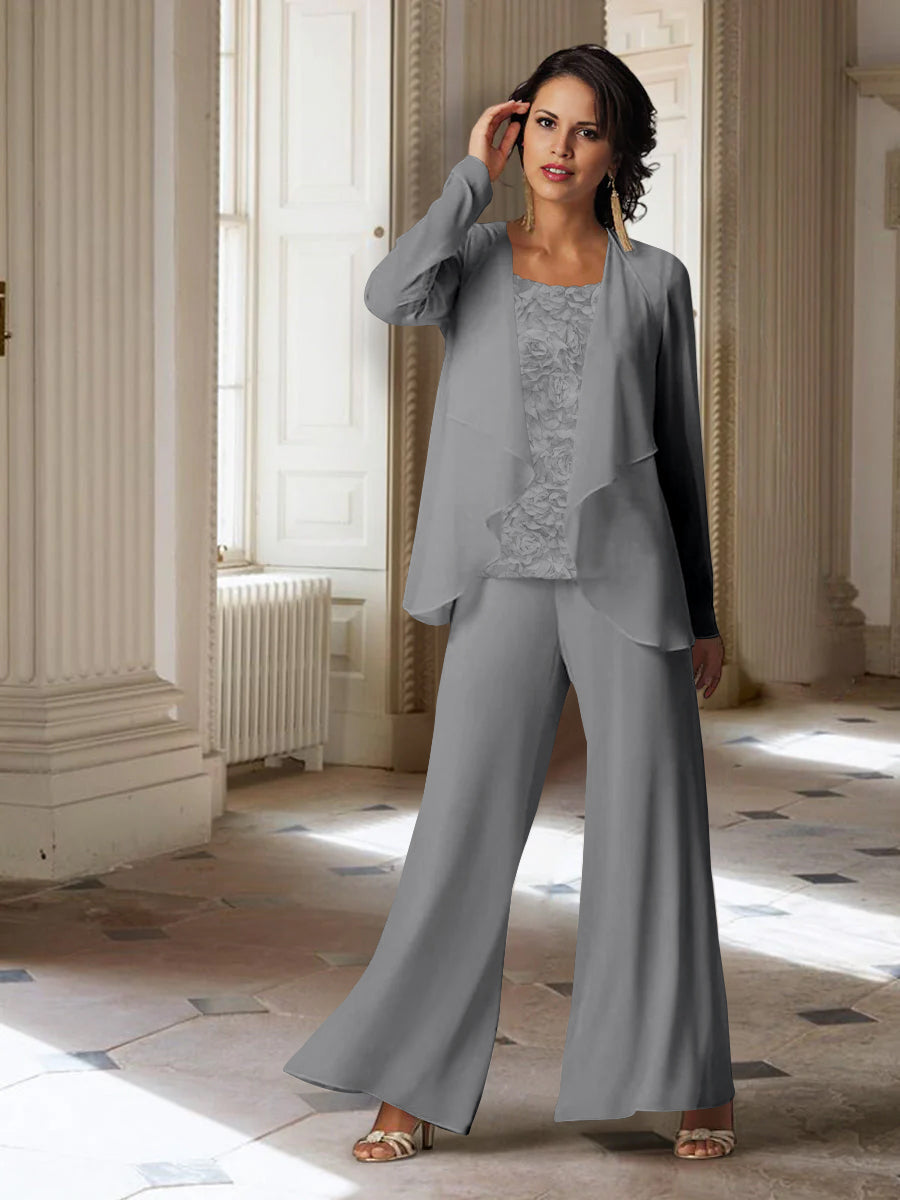 Long-Sleeve Chiffon Pantsuit with Jacket for the Mother of the Bride