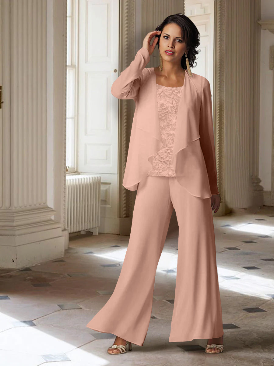 Long-Sleeve Chiffon Pantsuit with Jacket for the Mother of the Bride