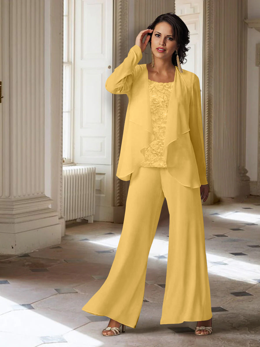 Long-Sleeve Chiffon Pantsuit with Jacket for the Mother of the Bride