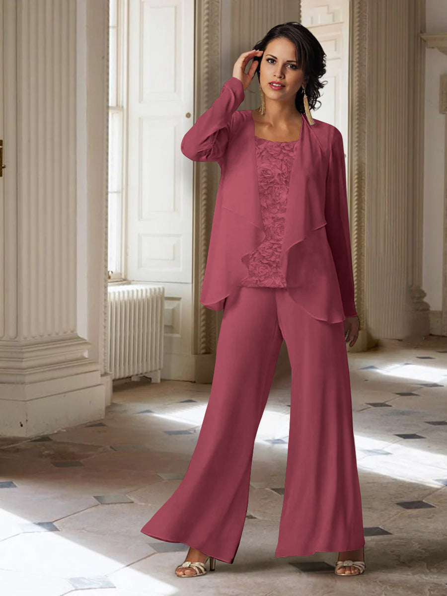 Long-Sleeve Chiffon Pantsuit with Jacket for the Mother of the Bride