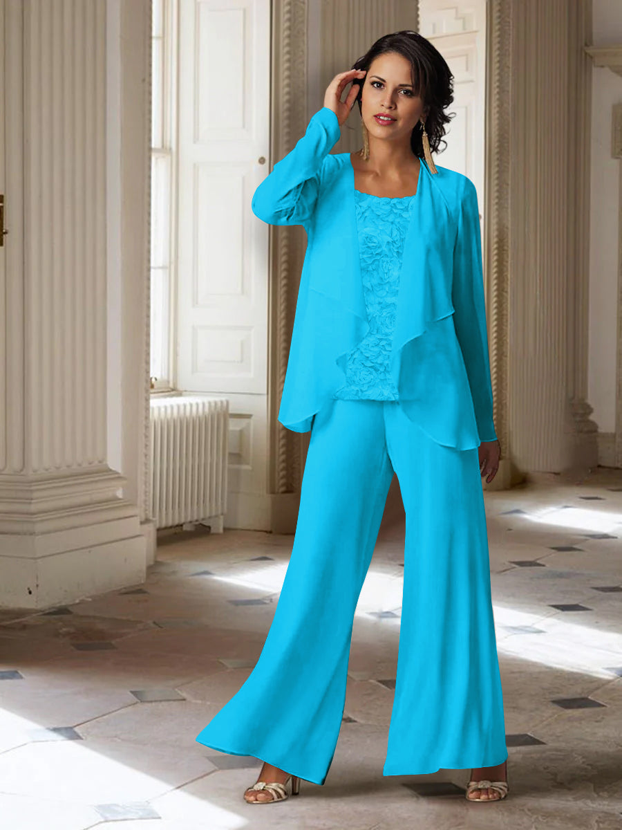 Long-Sleeve Chiffon Pantsuit with Jacket for the Mother of the Bride